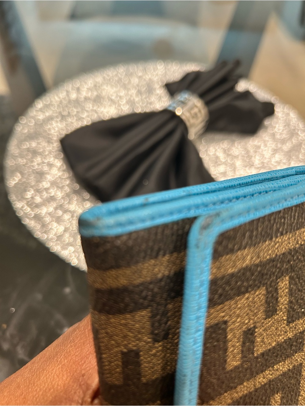 Authentic FENDI Brown Monogram Clutch with Turquoise Trim - Picture 9 of 12